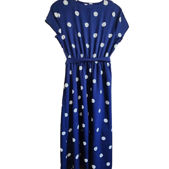 Womens M Clowncore Blue White Polka Dot Short Sleeve V-Neck Coquette Midi Dress - Picture 4 of 6